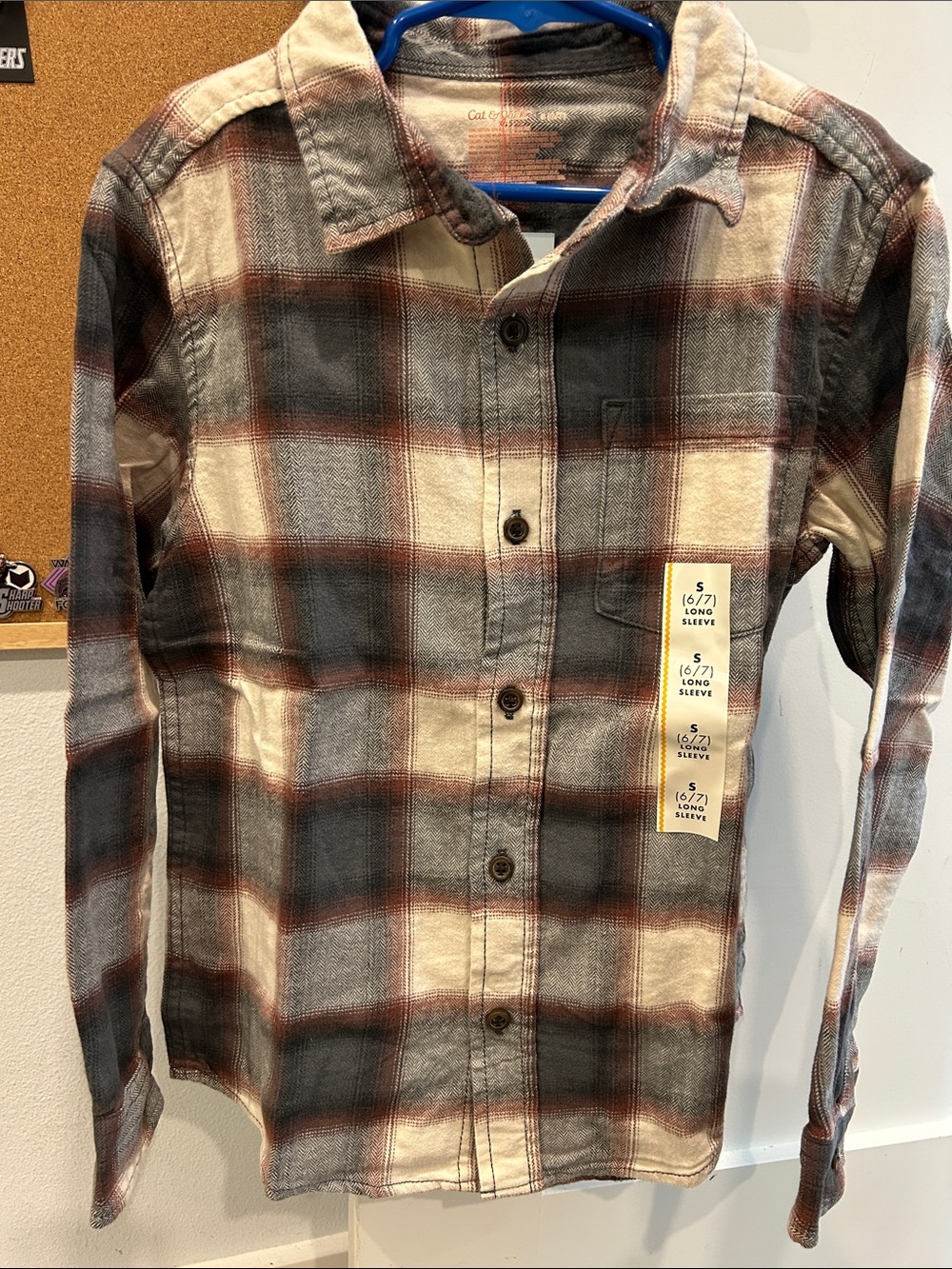 NWT Cat & Jack Brown Gray Cream Plaid Button-Down Shirt